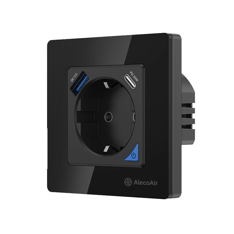 Priza de perete cu WiFi AlecoAir G40 Black, Control vocal asistenti digitali, Telecomanda, USB-A, USB-C, Programare aplicatie