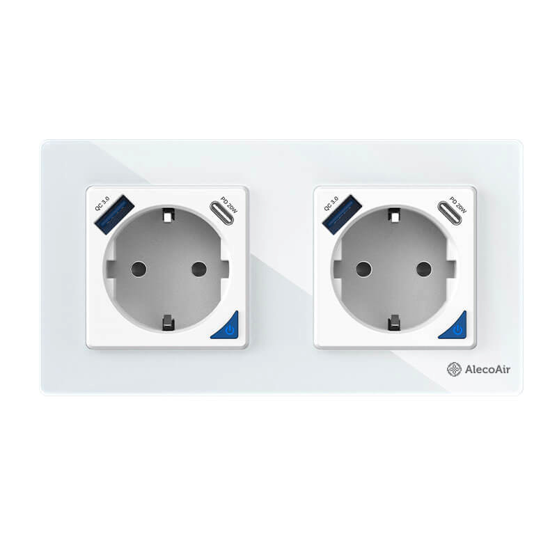 Priza dubla de perete cu WiFi AlecoAir G60 White, Control vocal asistenti digitali, Telecomanda, USB-A, USB-C, Programare